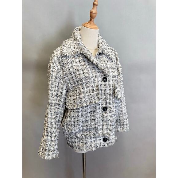 H&M Parisian Tweed Boucle Bomber Jacket Size XS Oversize white black tan - Picture 6 of 14